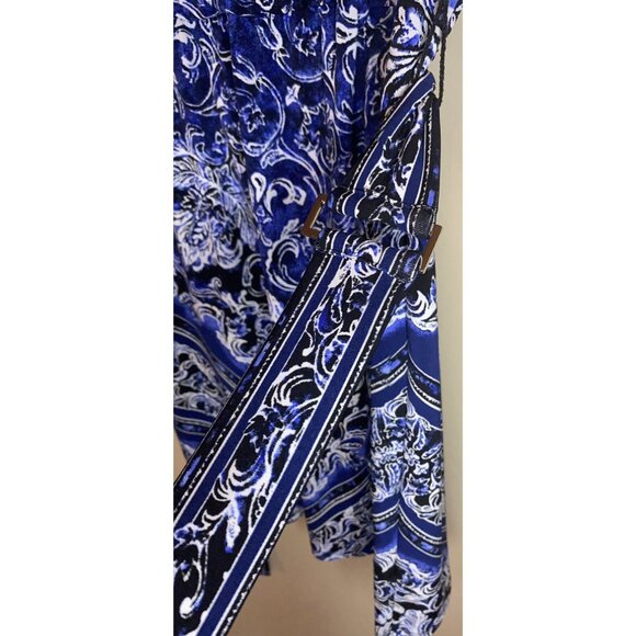 White House Black Market Blue/Black Floral Keyhole Neck Belted Dress Size XXS - Picture 7 of 11